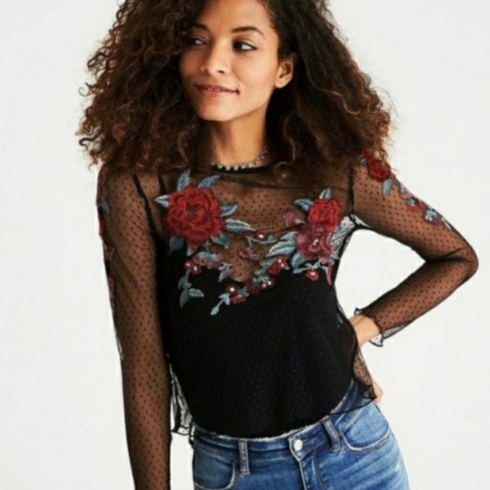 AMERICAN Eagle sexy black sheer long-sleeved top